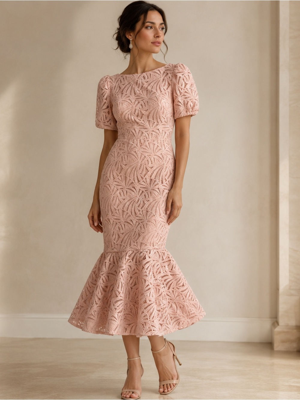 Kay Unger Angelina Lace Tea Length Dress Soft Blush Pink Size 4 NWT